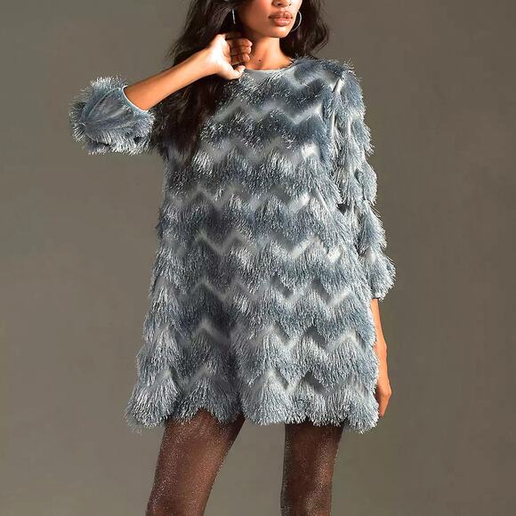 Anthropologie Hutch Light Blue Chevron Fringe Mini Shift Dress Size S - Picture 1 of 6